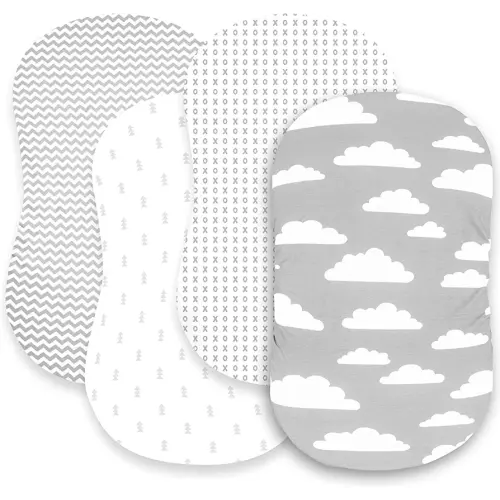 BaeBae Goods Premium Bassinet Fitted Sheet Set - 4 Pack 100% Jersey Knit - Grey and White - Chevron Pattern - Standard Size Oval or Halo Bassinet Pads