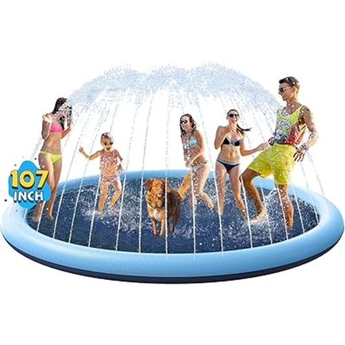 VISTOP Non-Slip Splash Pad for Kids and Dog, Thicken Sprinkler Pool Summer Outdoor Water Toys - Fun Backyard Fountain Play Mat for Baby Girls Boys Children or Pet Dog (107 inch, Blue&Blue)
