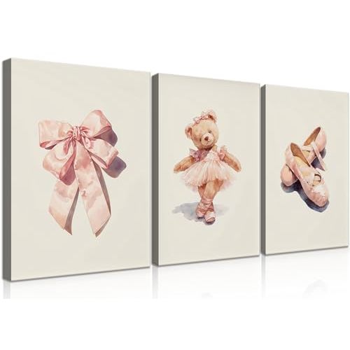 3Pcs Teddy Bear Themed Children's Room Wall Art Cute Teddy Bear Dancing Bow Ballet Shoes Neutral Tone Canvas Poster Suitable for Children's Rooms Nursery Rooms Kindergarten Home Decor 12x16in