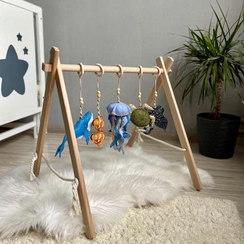 Baby Play Gym| Wooden Baby Play Frame| Baby Gym Set Toys| Toddler Activity Center| Foldable Frame| Hanging Sensory Toys| Ocean Theme Gift