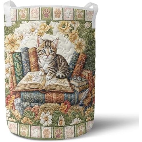 Cute Cat Quilted Laundry Basket with Handles, Collapsible Hampers