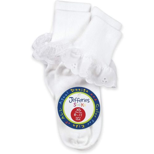 Jefferies Socks Girls Lace Eyelet Fancy Frilly School Dress Turn Cuff Socks 2 Pair Pack
