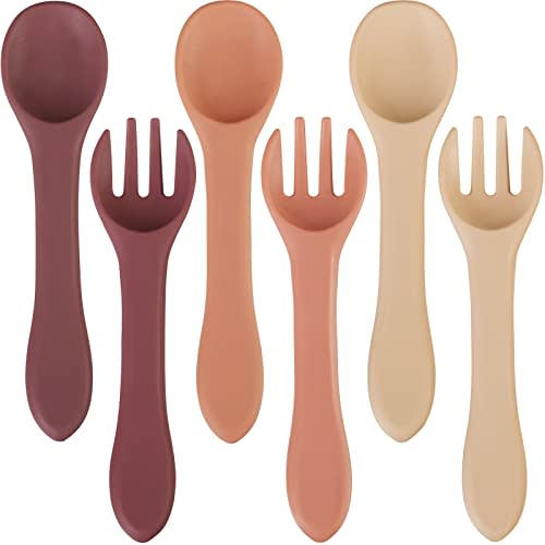 6 Pieces Silicone Baby Feeding Forks and Spoons Set Hot Safety First Stage Self Feeding Supplies Mini Kids Utensils for Over 6 Months Babies Boy Girl Toddlers First Foods (Plain Color)