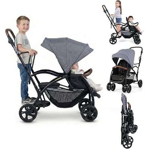 INFANS Sit and Stand Double Stroller, Foldable Tandem with Standing Platform Reclining Backrest, Adjustable Handlebar and Footrest, Storage Basket 5-Point Harnesses, Baby Pushchair for Toddlers