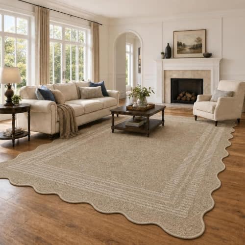 GarveeHome 5x7 Scalloped Area Rug, Washable Non Slip Low Pile Easy Jute Rug | Modern Stain Resistant Soft Large Rug for Indoor & Outdoor, Living Room, Bedroom, Bathroom, Office, Patio, Balcony