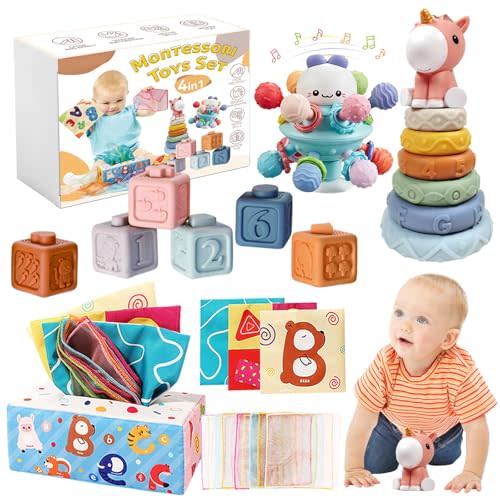 Montessori Toys for 6-12 Months, 4 in 1 Baby Toys for 6 Month Old | Soft Stacking Blocks, Baby Tissue Toy, Teething Toy, Fine Motor & Cognitive Skills, Montessori Toys for Babies 6-12-18 Months