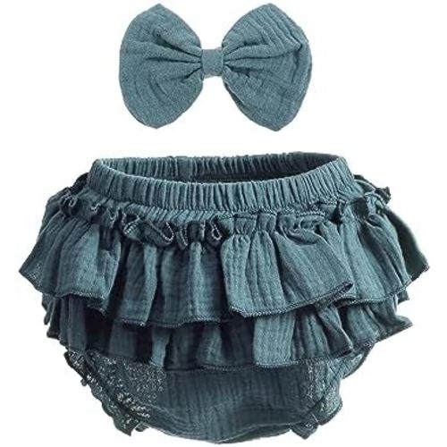 Newborn Infant Baby Girl Cotton Bloomers and Bows Toddlers Ruffle Shorts Diaper Covers Headband Set