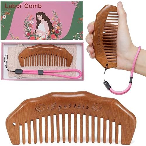 Labor Comb for Pain, Birthing Comb for Labor Pain with Wrist Strip and Gift Box - Peach Wood