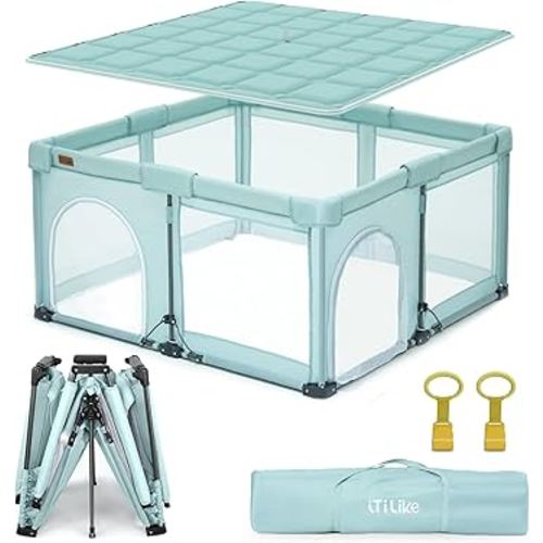 Foldable Baby Playpen, iTiLike Large Playard with Detachable Thickened Washable Water-Resistant Mat, Playpen for Babies and Toddlers, Play Pens with Gate, Indoor & Outdoor Portable Play Yard