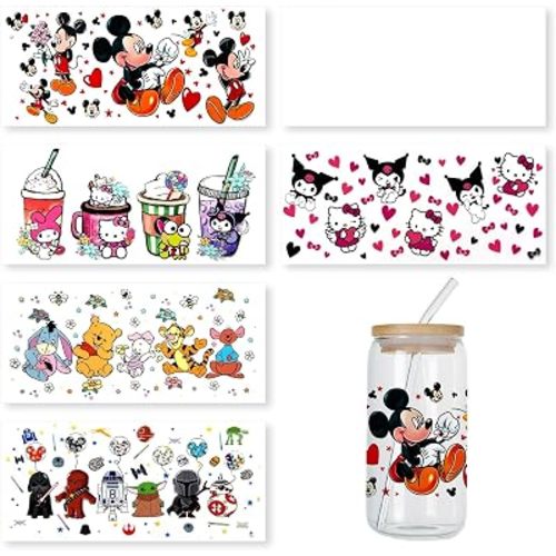 6 hojas de envolturas de taza UV DTF, calcomanías adhesivas impermeables para tazas de vidrio, diseño de dibujos animados, calcomanías de vinilo de transferencia térmica DIY para tazas (B)