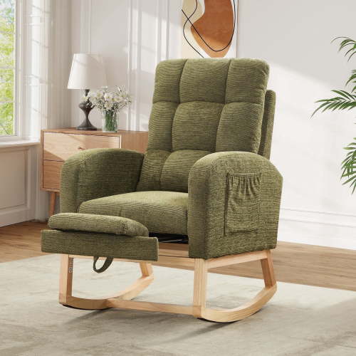 FFH Rocking Chair Nursery, Tufted Accent Rocker Chair, Upholstered Armchair with Adjustable Footrest, Side Pocket, High Backrest, Padded Seat, Polyester Blend (Retro, Cyan)