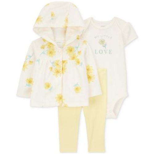 Baby Girls Cotton Floral Hooded Cardigan, Bodysuit & Pants, 3 Piece Set
