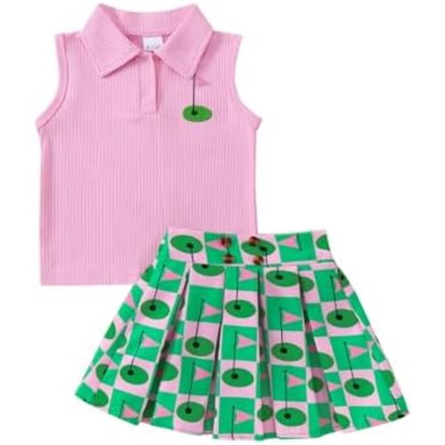 Toddler Baby Girl Golf Outfit Golf Print Polo Shirt Sleeveless Tank Top Mini Skirt Set Cute Girls Summer Clothes