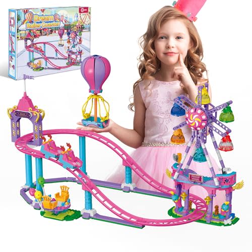 AKWME Friends Ferris Wheel Roller Coaster Building Set-723PCS Girls Princess STEM Construction Toys with Balloon Rotating Chairs Playground Building Blocks Kit, Birthday Gift for 6 7 8-12 Year Olds