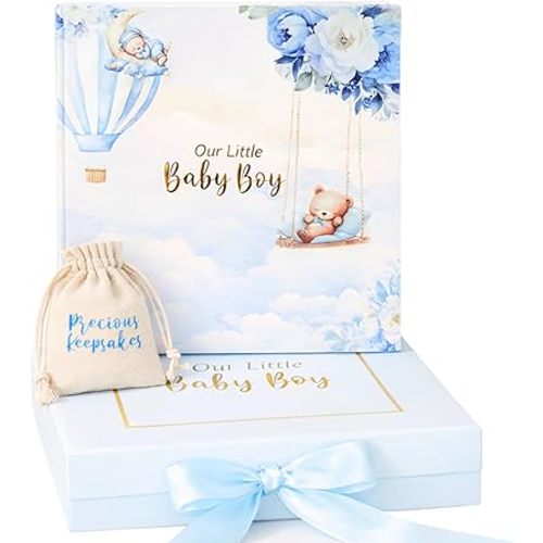 Luxury Baby Boy Memory Book Set – Keepsake Journal & Milestone Album from Pregnancy to Age 5 with Premium Gift Box, Storage Pouch & Keepsake Envelope – Baby Shower & Newborn Gift