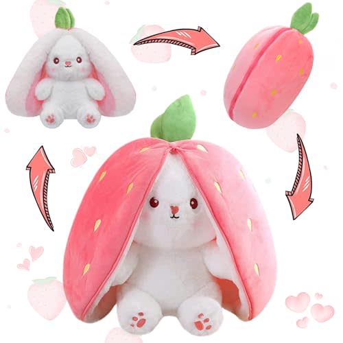 MIAODAM Bunny Stuffed Animal Reversible Cuddle Bunny Stuffed,Strawberry Bunny Transformed Rabbit Plush Zipper,Turns Into Ears Bunnies Plushies Toy Cute Stuffy Doll Easter Girlfriend Gift