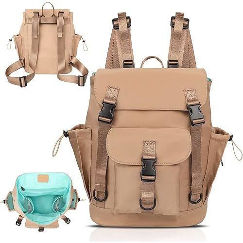 MOMINSIDE Diaper Bag Backpack with Large Wet Pocket, Baby Diaper Bag Mini Baby Bag for Girls Boys, Backpack Diaper Bag with 9 Pockets, Stroller Straps (Kaki)