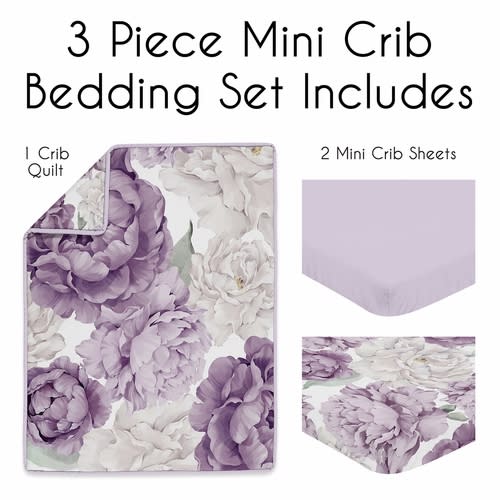 Peony Floral Garden Lavender Purple and Ivory Collection 3 Piece Mini Crib Bedding Set