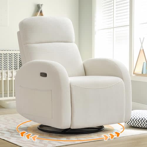Power Nursery Glider Recliner, Chenille Electric Rocker Recliner with Type-C & USB Port, Nursery Swivel Rocker Recliners with Double Pockets for Adult, Cream White
