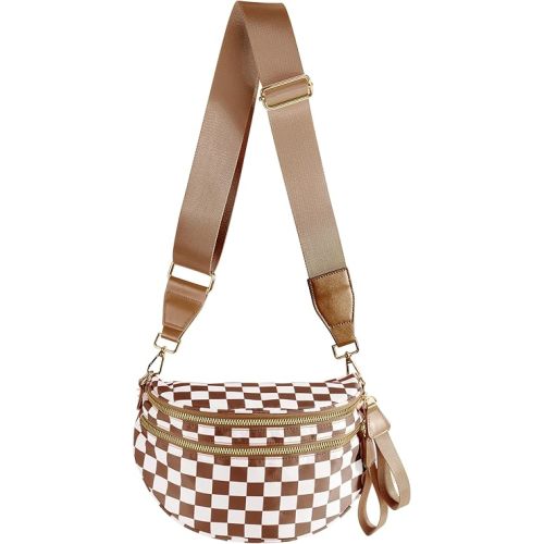 Spacious Checkered Nylon Crossbody Bag Bum Bag Checkered Handbags Wallets for Women