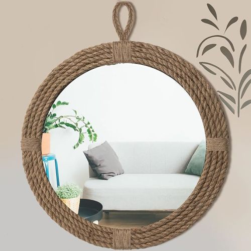 Vercraft Nautical Mirror 24 Wall Decor with Rope Wrapped Trim and Hanging Loop Round Circle Coastal Boho Mirror Nautical Rustic Decorative for The Living Room, Bedroom Bathroom and Entryway