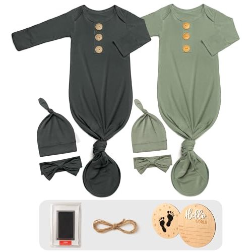 2Pk Newborn Baby Knotted Gowns, Soft Sleeper Coming Home Outfit with Hello World Announcement Sign & Ink Pad for Baby Birth