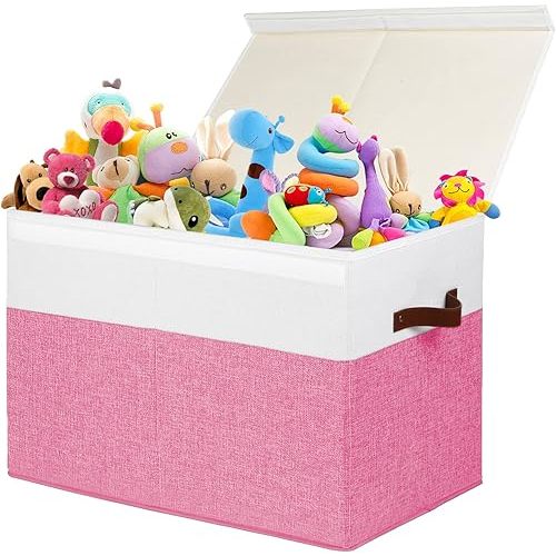 Large Toy Box with Lid, Sturdy Toy Storage Chest Bin Boxes Organizer Basket with Dividers for Toddlers, Kids, Boys, Girls, Nursery, Closet, Bedroom, Playroom 25"x13" x16" (Pink and White)