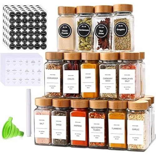 DIMBRAH Spice Jars with Label 24Pcs,Seasoning Containers,Glass Spice Jars with Bamboo Lids,Kitchen Essentials,Spices Container Set,Kitchen Set,Seasoning Organizer,Spice Rack Organizer for Cabinet