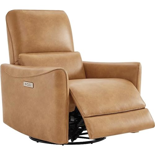CHITA Power Recliner Chair Swivel Glider, FSC Certified Upholstered Faux Leather Living Room Nursery Reclining Sofa Chair with Lumbar Support, Cognac Brown