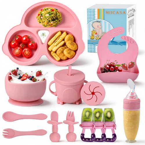 Silicone Baby Feeding Set,Miicasa Baby Led Weaning Supplies Kit With Suction Bowl & Car Plate, Bib, Spoon, Fork, Cup - Food-Grade Silicone, Dishwasher-Safe, No BPAs - For 3+ Months