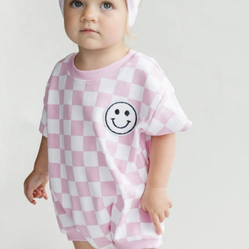Short Sleeve Bubble Romper | Checkered Smiley Pink