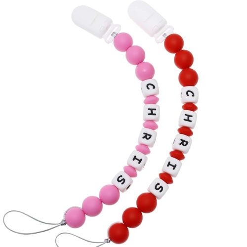 Personalized Pacifier Clip with Name, Customizable Pacifier Clip (2 Pack) (Pink+Red)