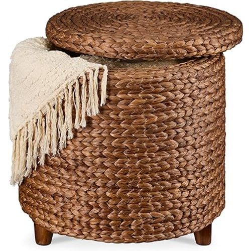 Best Choice Products 17" Round Storage Ottoman W/Lid, Handwoven Water Hyacinth Footstool, Footrest w/Wooden Legs, Accent Side Table, Storage Container, Plant Stand - Chestnut