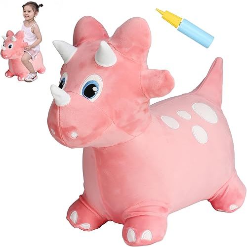 INPANY Bouncy Horse, Dinosaur Hopper Toys, Toddler Plush Bouncing Animal, Dinosaur Birthday Party Decoration, Kid Inflatable Ride on Rubber Bouncer, Outdoor for 2 3 4 Yr Boy Girl Pink