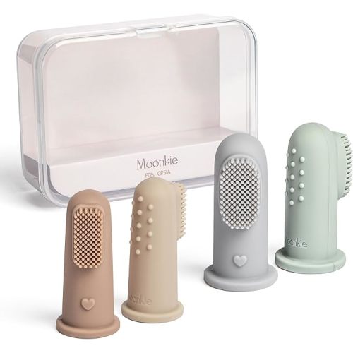 Moonkie Baby Toothbrush Finger Toothbrush Oral Cleaner Kit for 3 Months +, 4 Pcs Small (Sand/Warm Taupe)/Large (Blue/Mint)