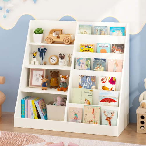 Jopath Multifunctional Kids Bookshelf Toy Storage Organizer,4 Tier Wooden Book Shelf with Display Stand for Playroom,Living Room,White