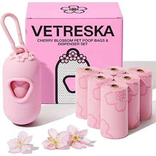 VETRESKA Dog Poop Bag Dispenser with Cherry Blossom Scented Bags, Leak Proof, Extra Thick Waste 1 Count Holder and 105 Bags for Walking Cats Litter, Pink
