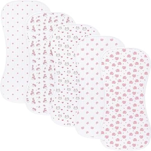 5 Pack Baby Burp Cloths, Unisex Newborn Burping Cloths, Soft and Absorbent Muslin Cotton, Large Size for Newborn, (Pink-fxm)
