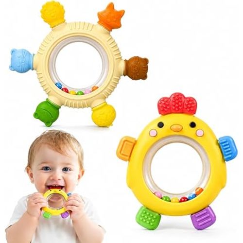 2 Pack Sensory Toys for Babies,Baby Teething Rings Toys for 0-6 6-12 Months Baby Rattle Teether Silicone Teether Relief Chew Soothing,BPA Free,Sore Gums Babys Teethers Toys