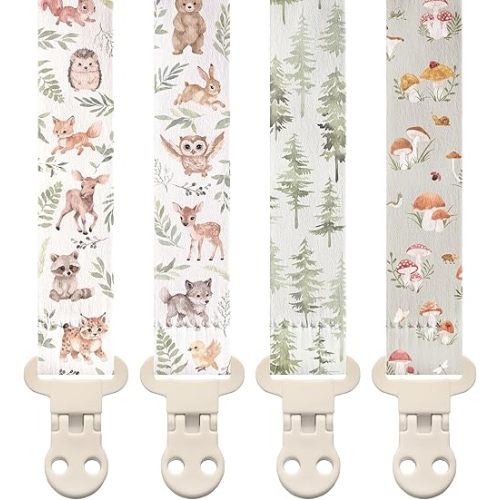 Stadela Baby Fabric Pacifier Clip Holder, Plastic Clip, 4‑Pack, Woodland Pattern, Cedar Set