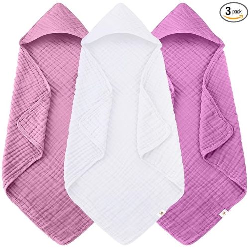 Sunny zzzZZ Muslin Hooded Baby Bath Towels - 3 Pack 100% Cotton Soft Low-Saturation Pastel Towels Including Classic White for Newborns, Infants, Toddlers - 32x32 Inch - Deep Sakura and White