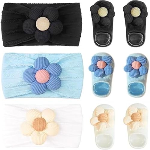 CÉLLOT Baby Girl Headband and Socks, Non-Slip Floral Socks and Soft Floral Nylon Hairbands for Babies Infants and Toddlers(White,Blue,Black)