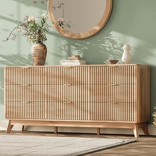 63'' Wide 9 Drawers Dresser for Bedroom,Modern Fluted Vertical Chest with Rounded Corners,Fluted Dresser for Living Room,Hallway, Natural Wood