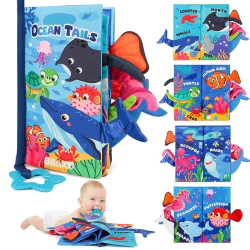 Soft Baby Book Toy - Newborn Boy Girl Shower Gift - Tummy Time Toy for Infant 0-6 6-12 Months - Touch and Feel Sensory Crinkle Book with Teether - Baby Boy Girl Gift - Easter Basket Stuffers