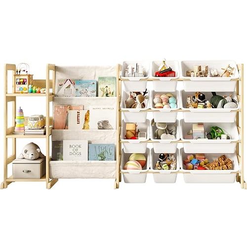 EXPERLAM 3-in-1 Kids Bookshelf with Toy Storage, Front Rack, 12 Bins