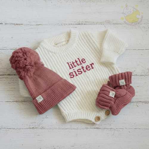 Embroidered Little Sister Knit Ruffles Romper, White-light pink writing NEWBORN