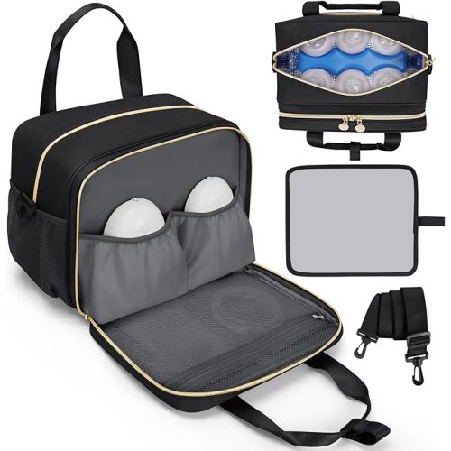 Wearable Breast Pump Bag, Breast Milk Cooler Bags with with Insulated Compartment & Waterproof Mat, Pumping Bag Compatible with Momcozy, Medela, Willow and Elvie Pumps, Black