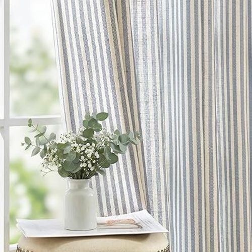 jinchan Linen Curtains for Living Room 90 Inches Long Blue on Beige Striped Curtains for Bedroom 2 Panels Ticking Stripe Pattern Light Filtering Cottage Core Farmhouse Rustic Grommet Window Treatment