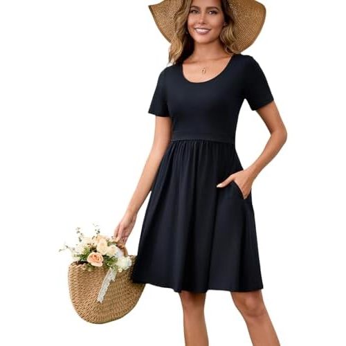 Women's Nursing Dresses Breastfeeding Summer Comfortable Cotton Short Sleeve Breastfeeding Dress with Pockets