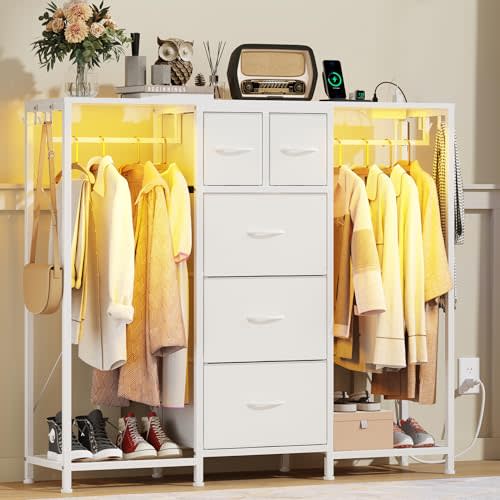 HIGDBFE 5-Drawer Dresser with 2 Hanging Racks, White, 49.2" W | LED Lights & Charging Station, TV Stand with Clothes Rack, Shoe Racks and Side Hooks, For Bedroom
